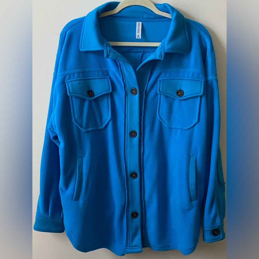 Zenana All About the Fleece Button-Down Shacket in Deep Sky Med QJ-4003D4